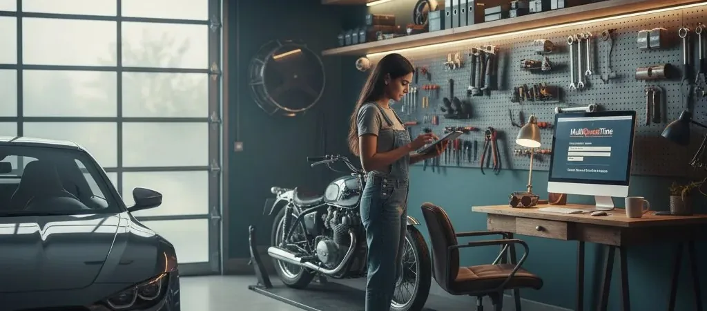 Motor trader working from home garage comparing insurance quotes on MultiQuoteTime Motor trader working from home garage comparing insurance quotes on MultiQuoteTime